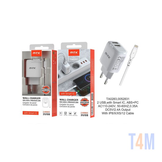 CARREGADOR ADAPTADOR RÁPIDO MTK TA0283 BL COM CABO IP 5-12 E CHIP DE RECONHECIMENTO INTELIGENTE 2 PORTAS USB 2.4A MÁX. BRANCO